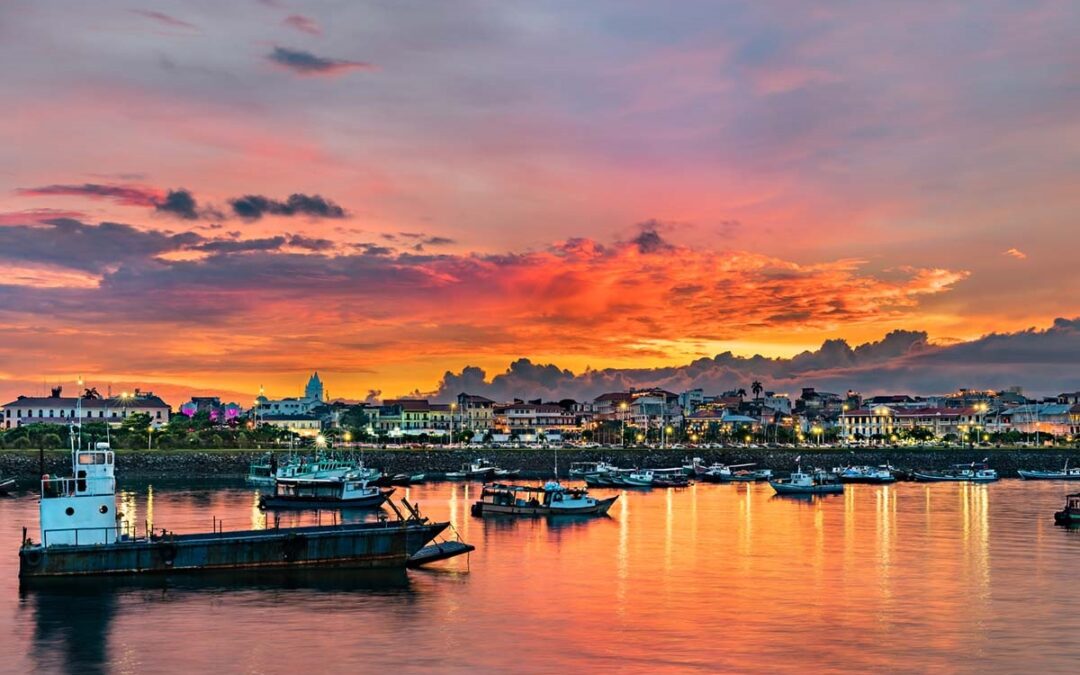 Panorama of Casco Viejo, the historic district of Panama City at sunset. UNESCO world heritage in Central America